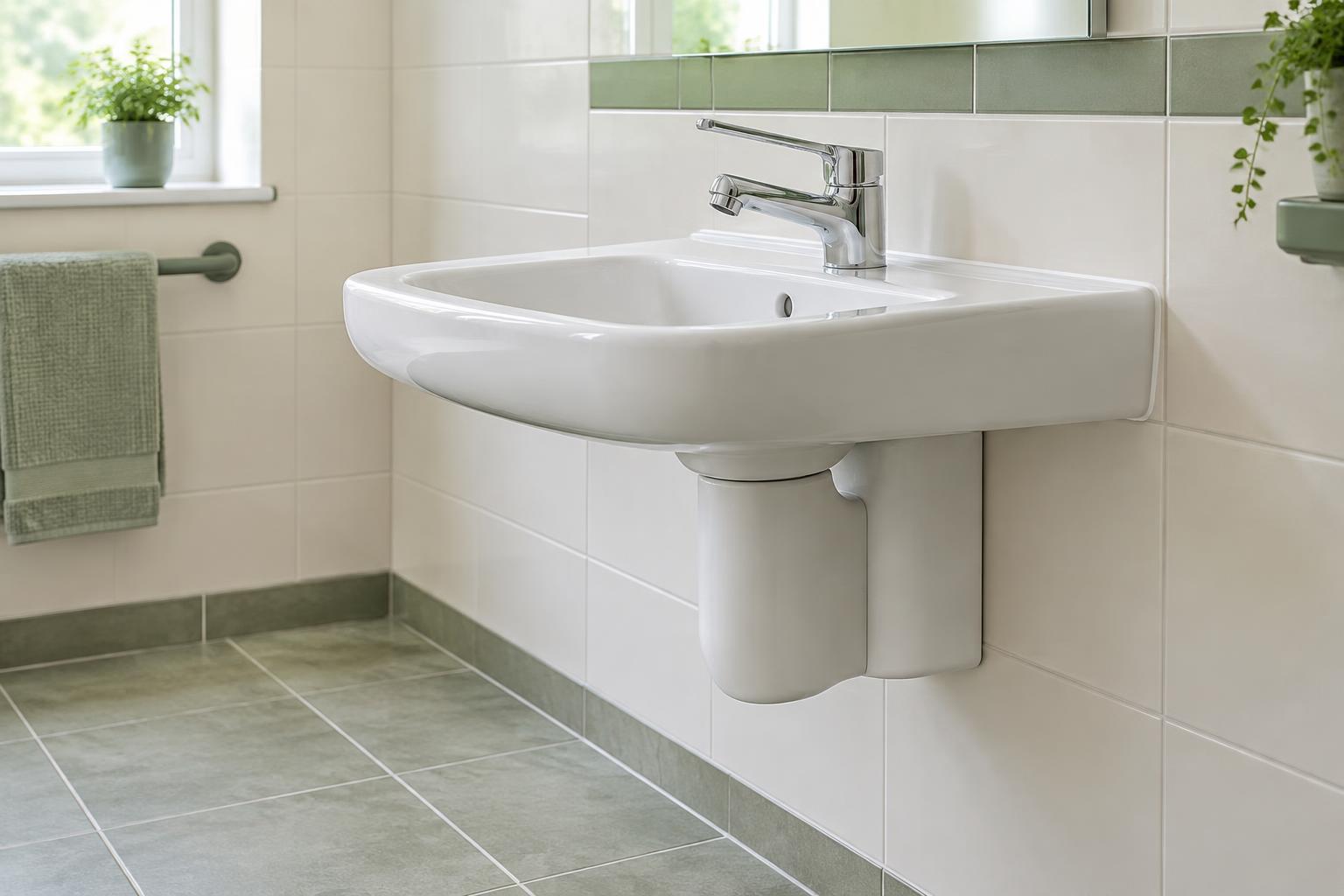 Bathroom basin with a lever faucet and smooth protective covers around plumbing beneath