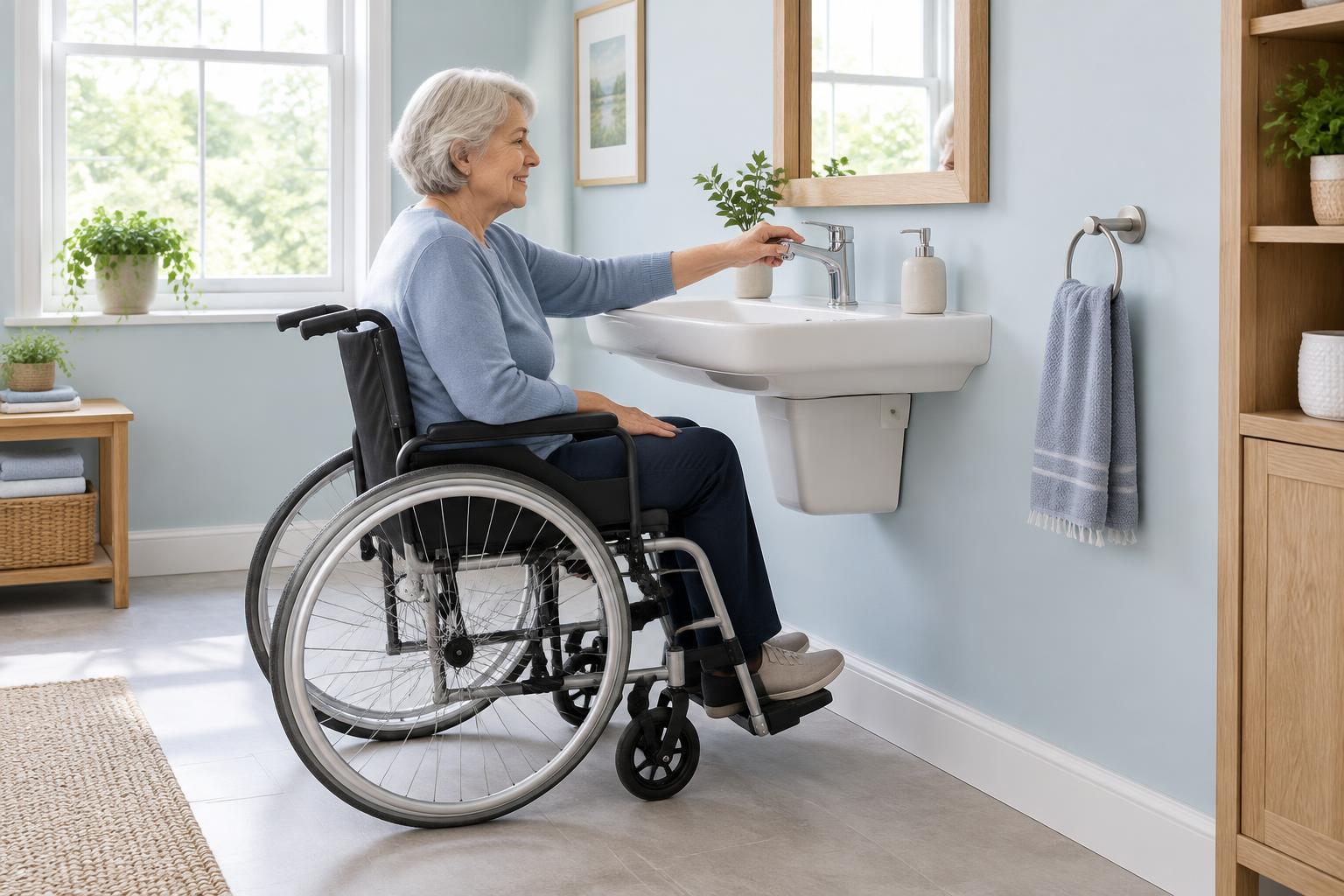 Older adult seated in a wheelchair reaching a lever faucet at a bathroom sink