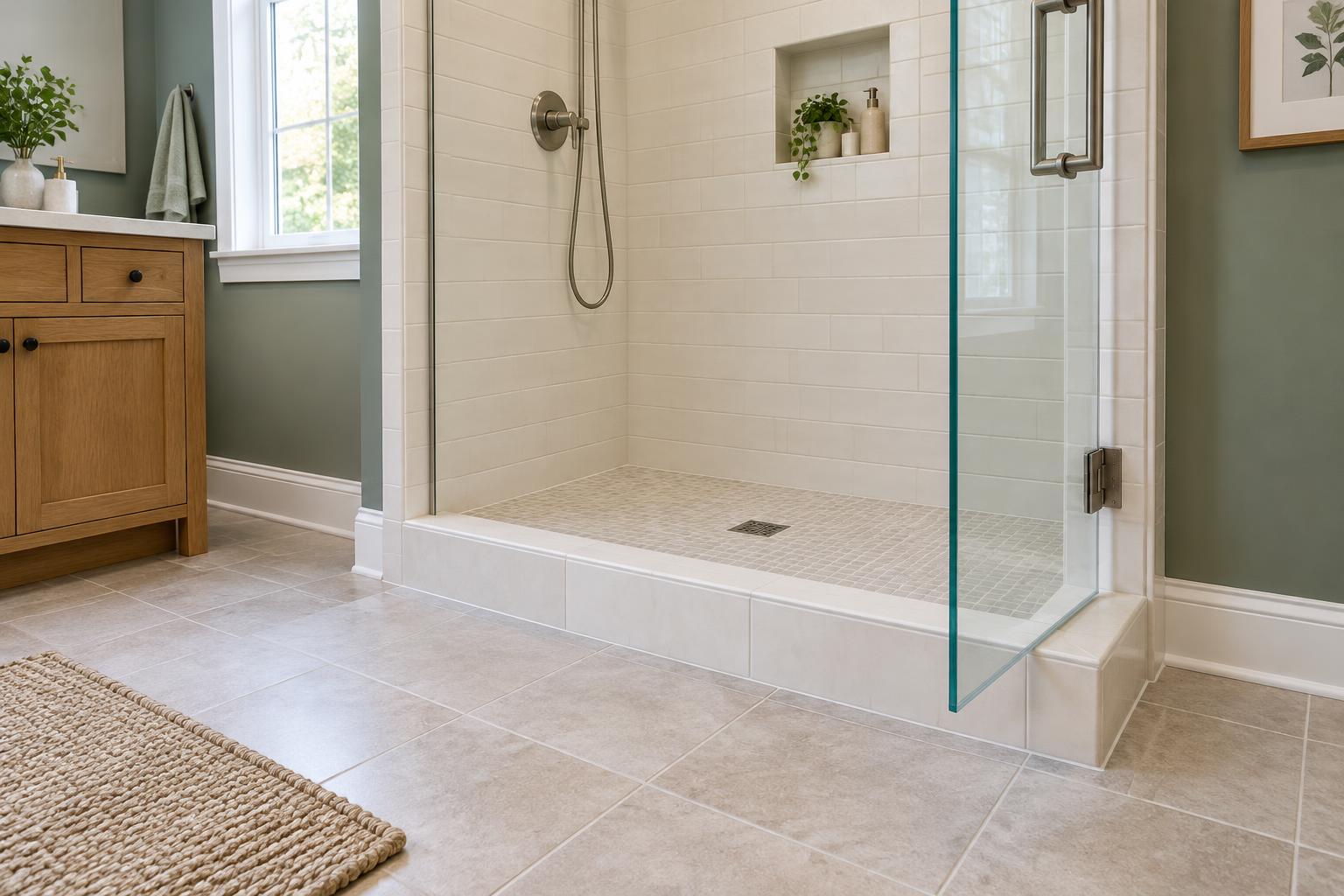 Traditional curbed shower with a raised tiled threshold and an open glass door