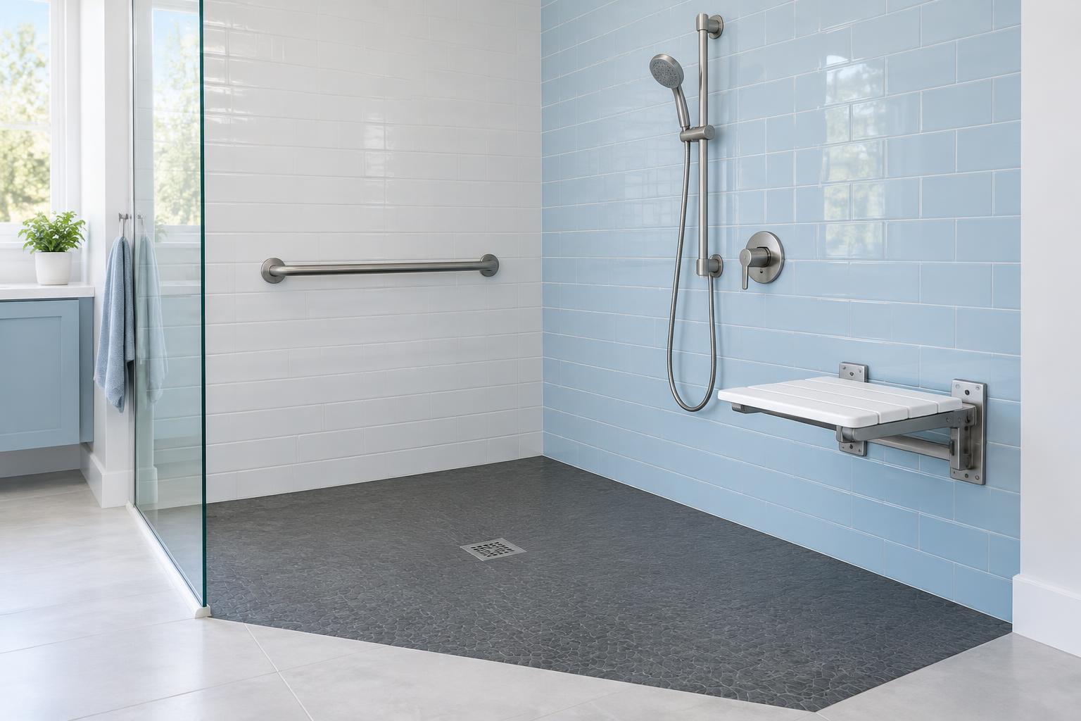 Step-free shower with a folding seat, handheld shower, reachable controls, and wall-mounted grab bar