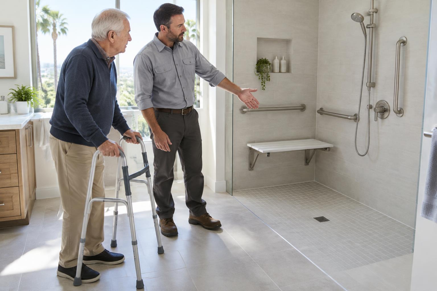 Illustration of a Veteran using a walker discussing a curbless shower with a remodeling professional