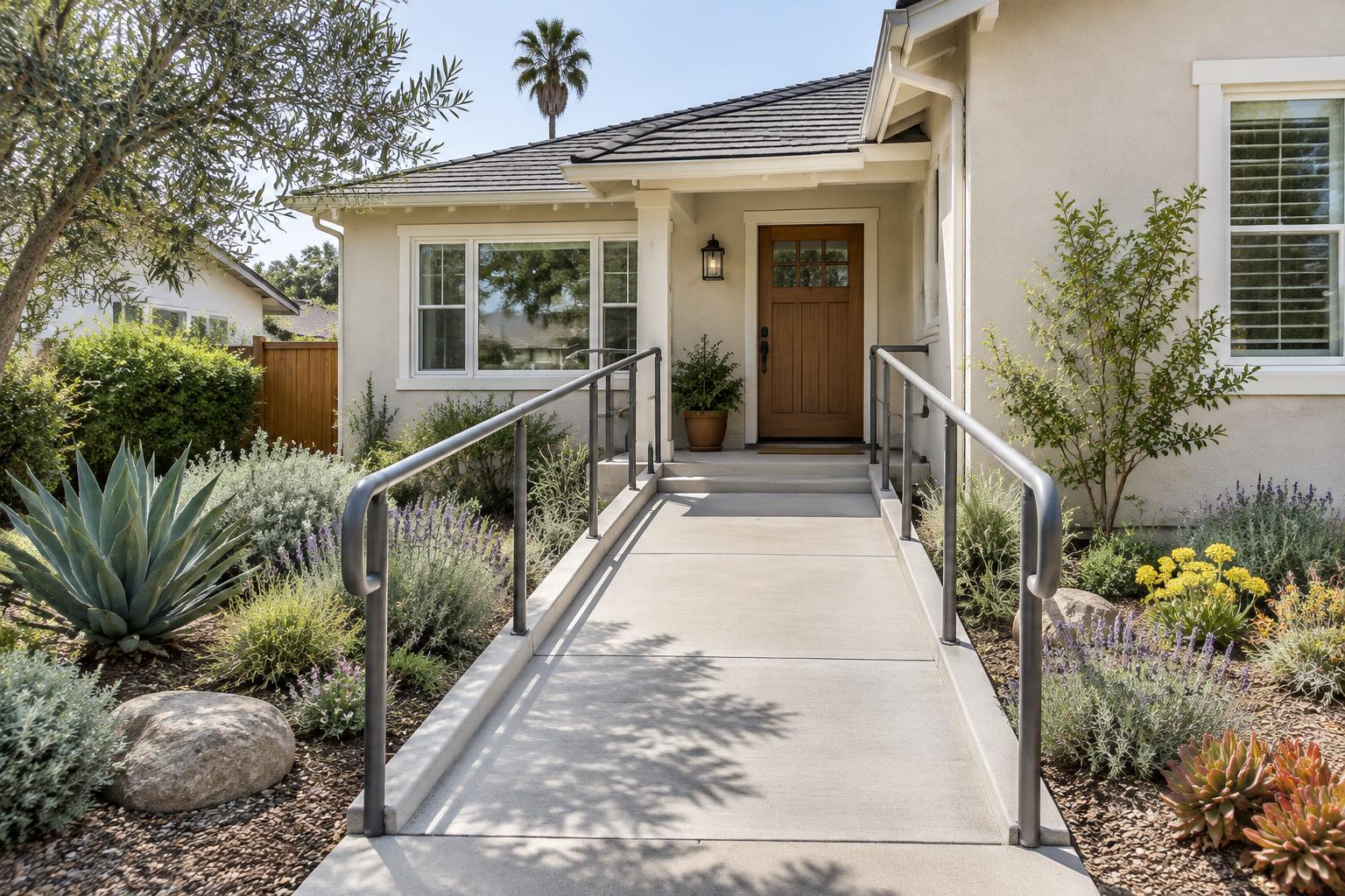 Illustrative permanent residential access ramp with handrails and an entry landing at a bungalow