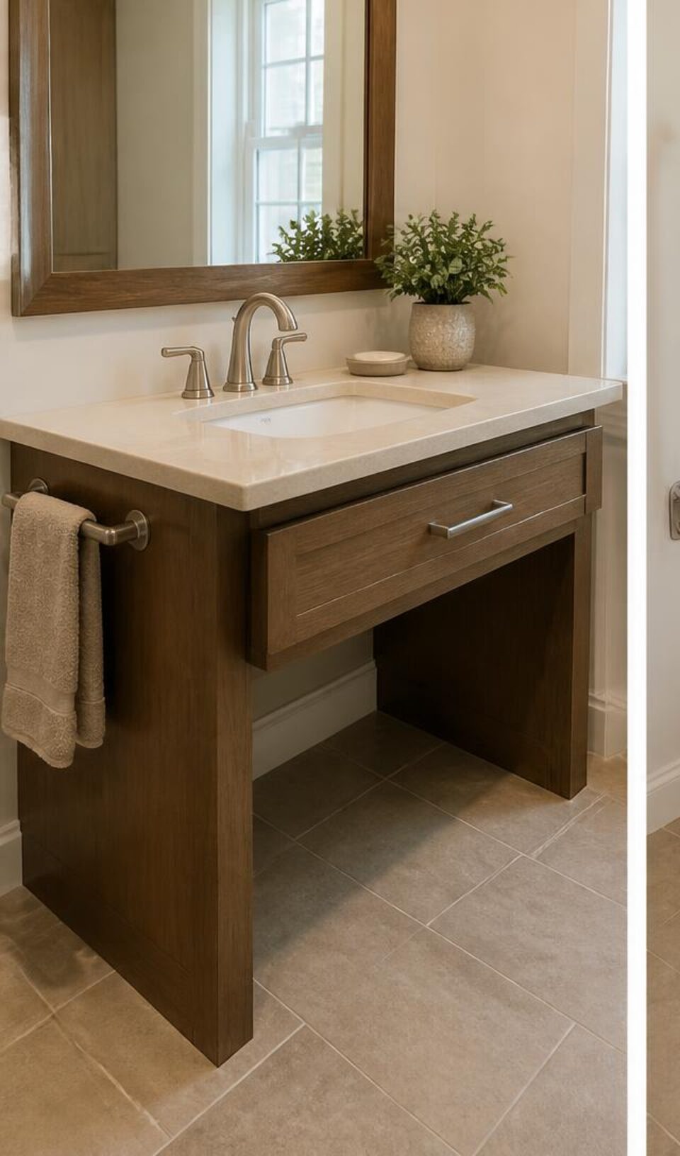 Accessible residential vanity with open knee space and lever faucet
