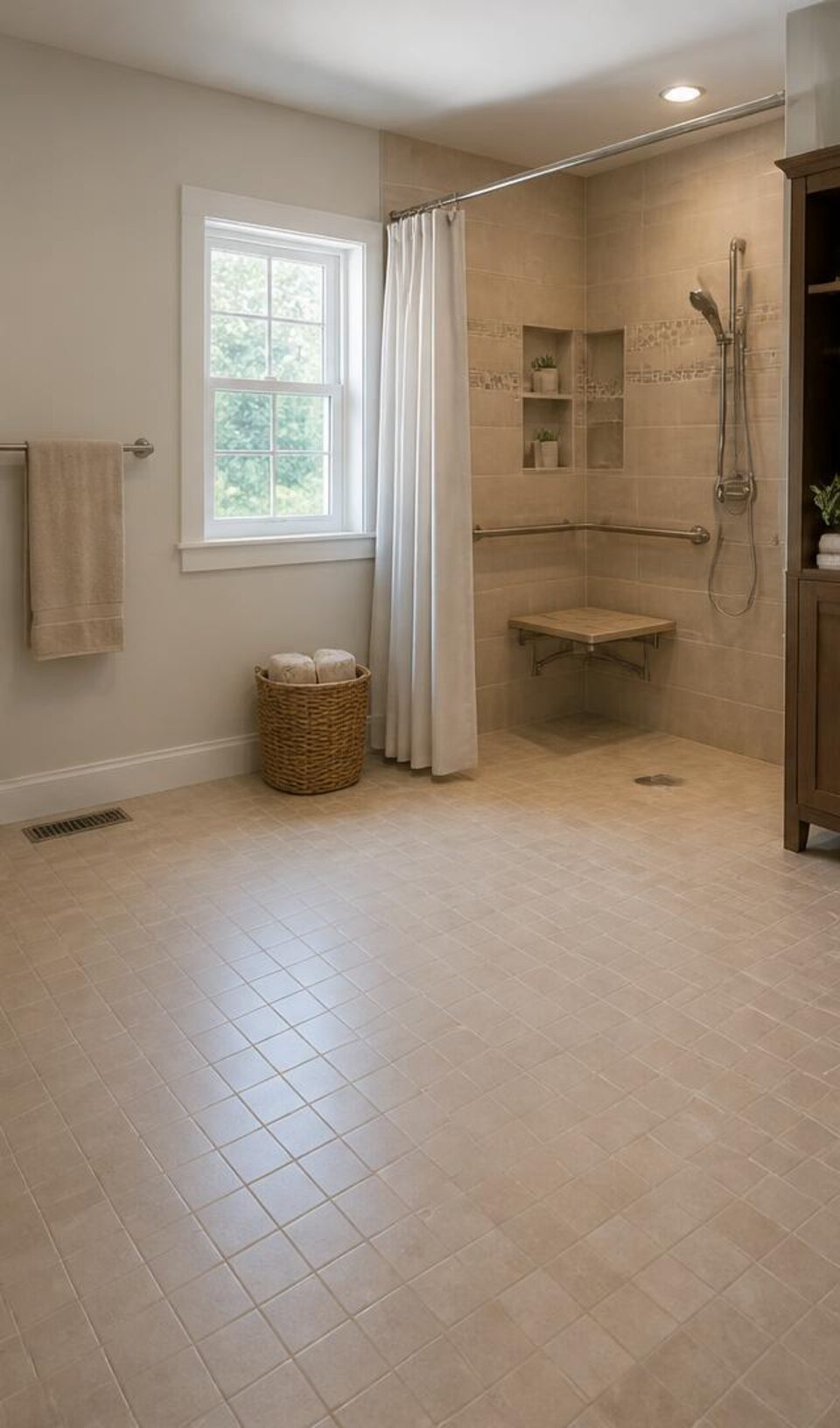 Spacious residential bathroom with a step-free shower and clear floor area