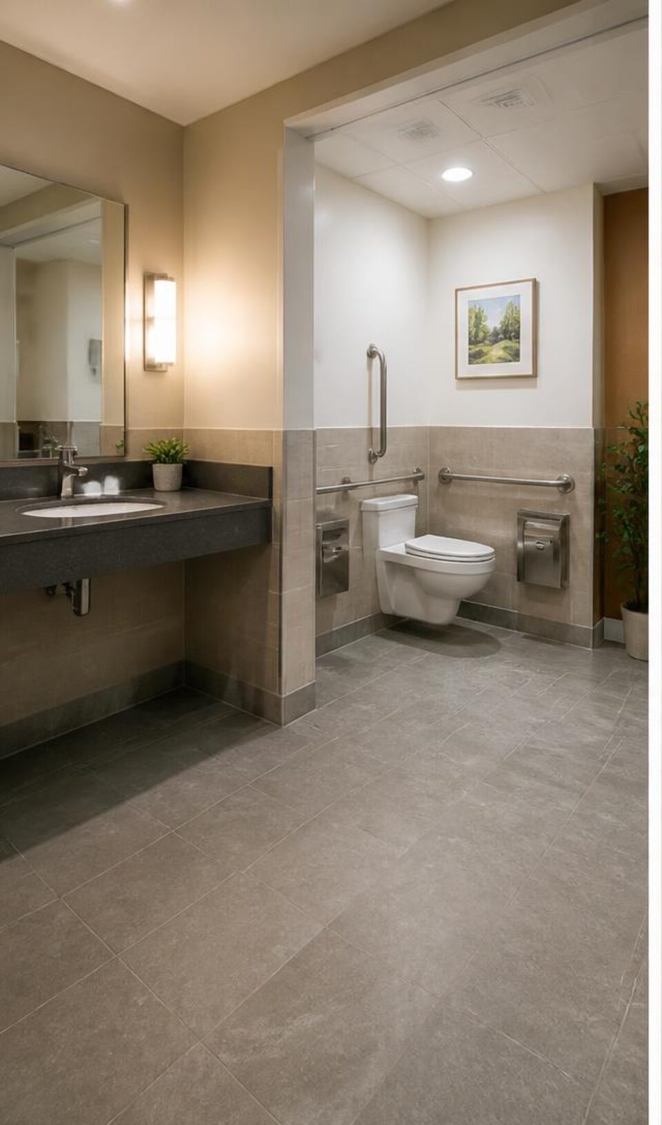 Accessible restroom showing clear floor space around fixtures