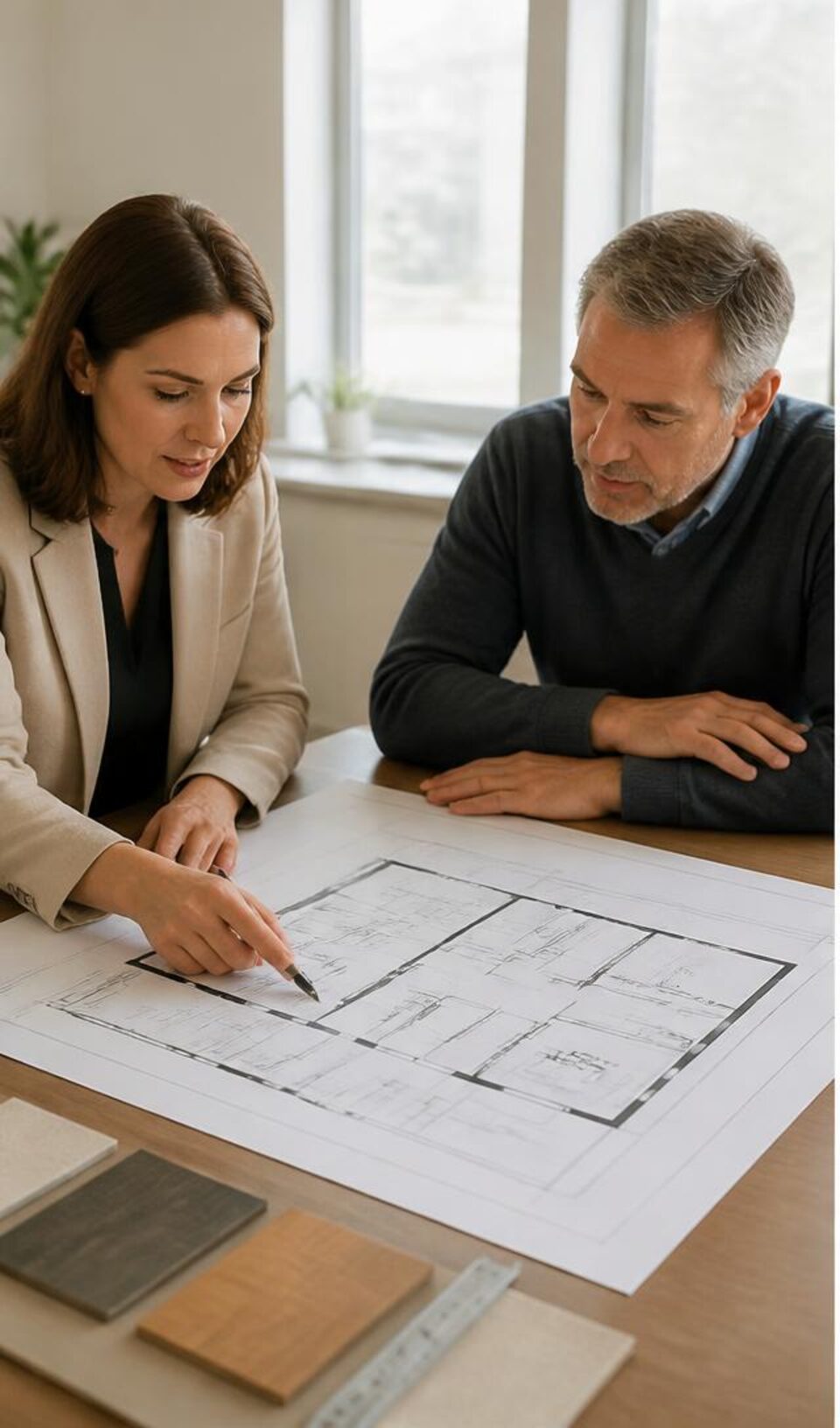 Designer and homeowner reviewing an accessible floor plan