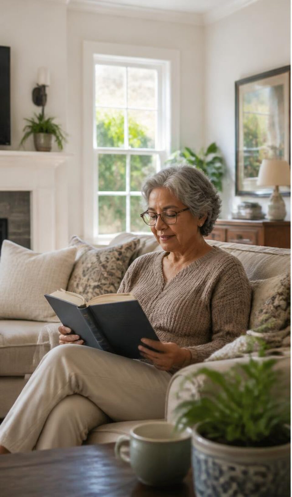 Older woman reading comfortably in her Los Angeles living room