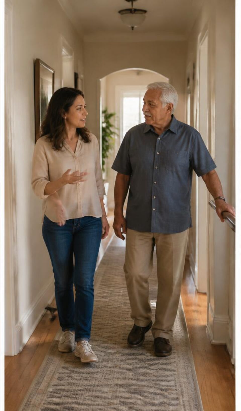 Adult daughter walking through a hallway with her older father