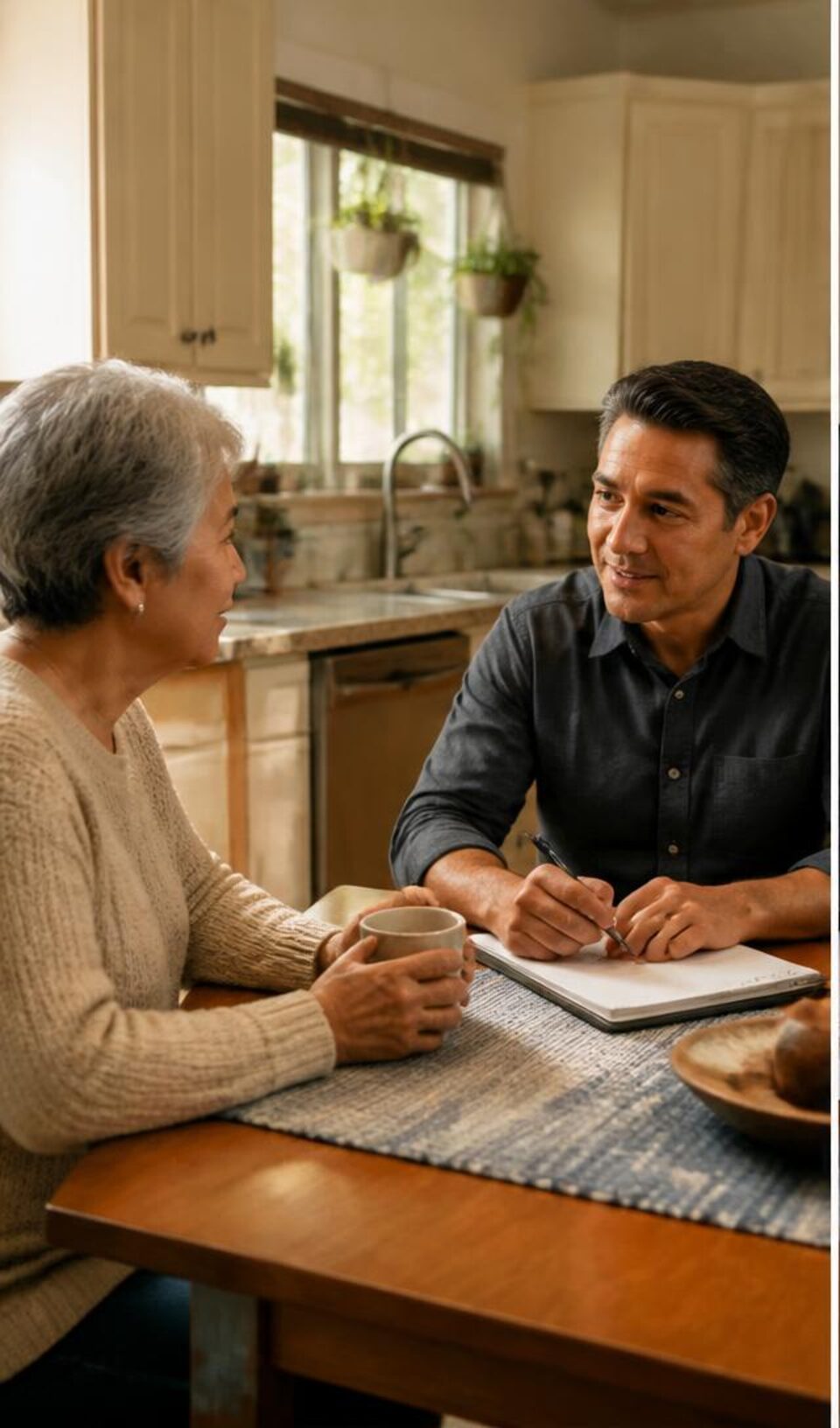 Accessibility contractor listening to an older homeowner at her kitchen table
