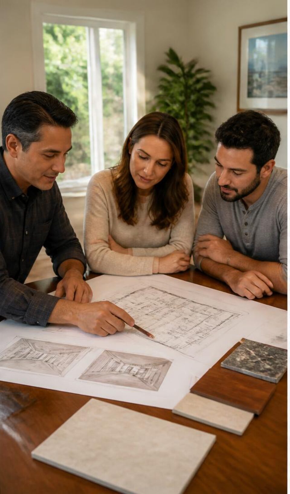 Family and contractor reviewing renovation plans together