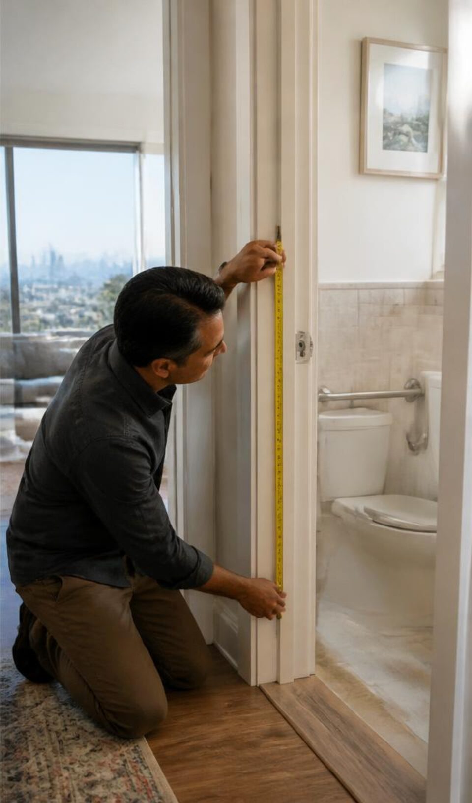 Contractor measuring a bathroom doorway in a Los Angeles home