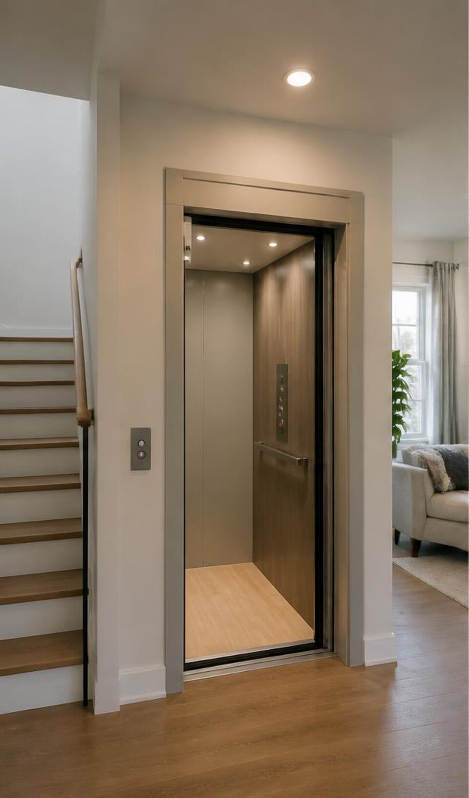 Compact residential elevator finished inside a home