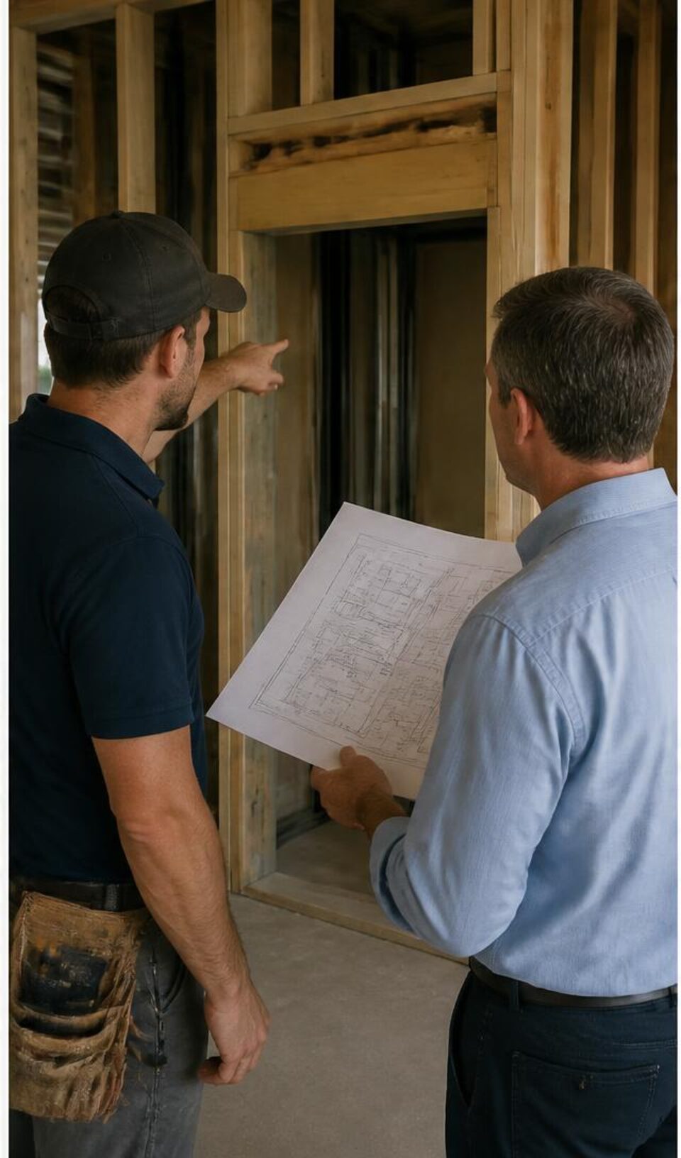 Contractor and homeowner examining the planned elevator opening