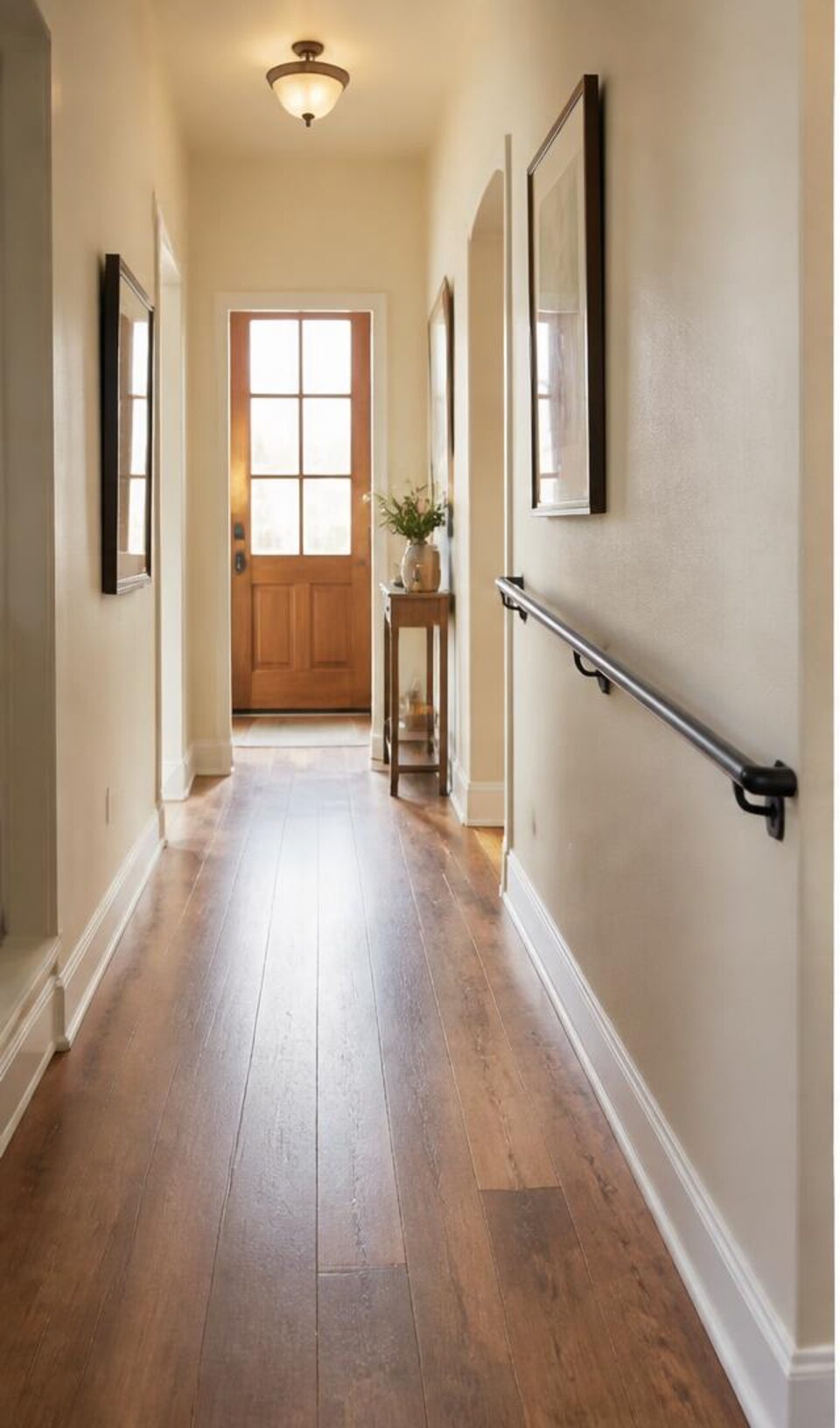 Bright hallway with a continuous handrail and uncluttered walking path
