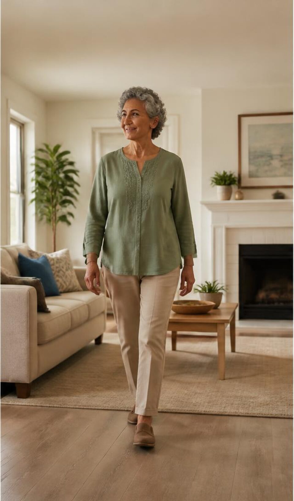 Older woman walking confidently across even living-room flooring