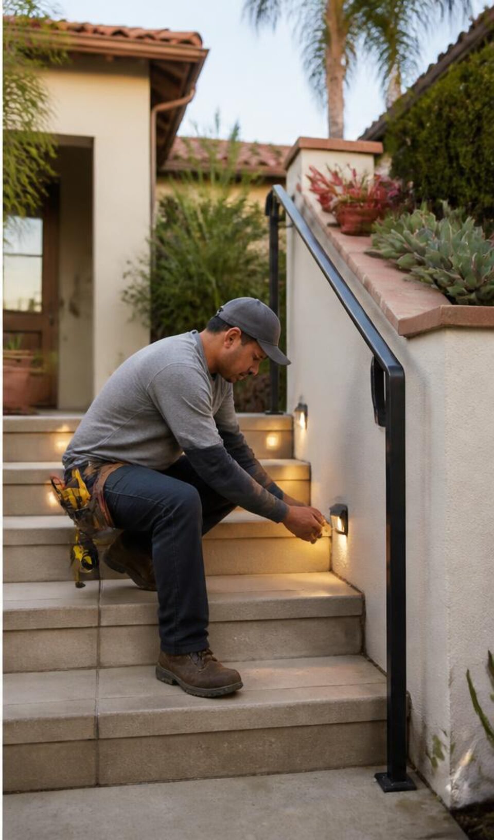 Contractor improving lighting beside secure exterior steps