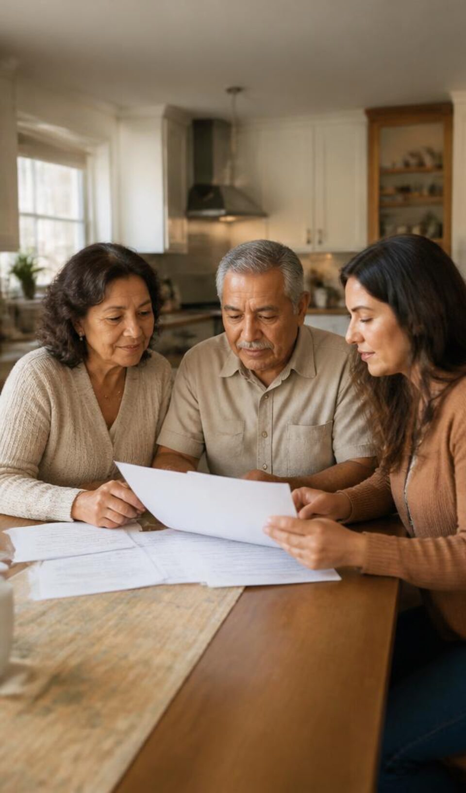 Older couple and adult daughter reviewing home modification paperwork