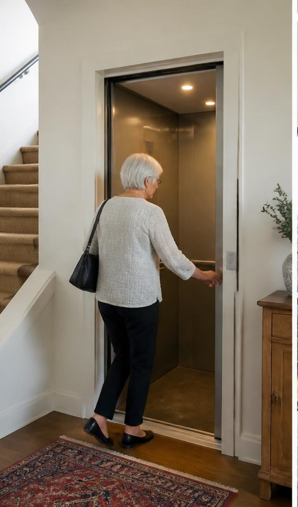 Older woman entering a compact residential elevator