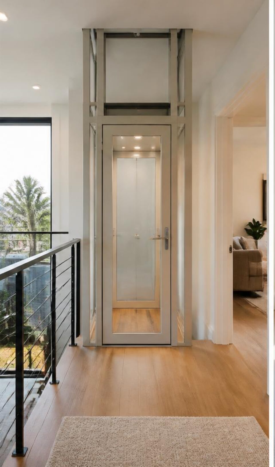 Through-floor lift installed between two levels of a home