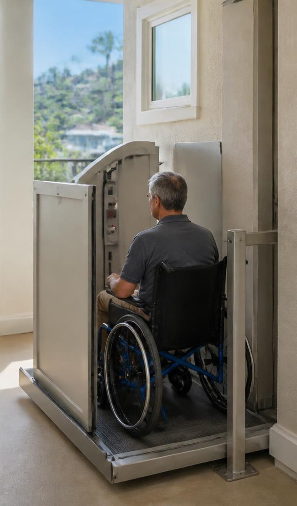 Wheelchair user entering a residential vertical platform lift