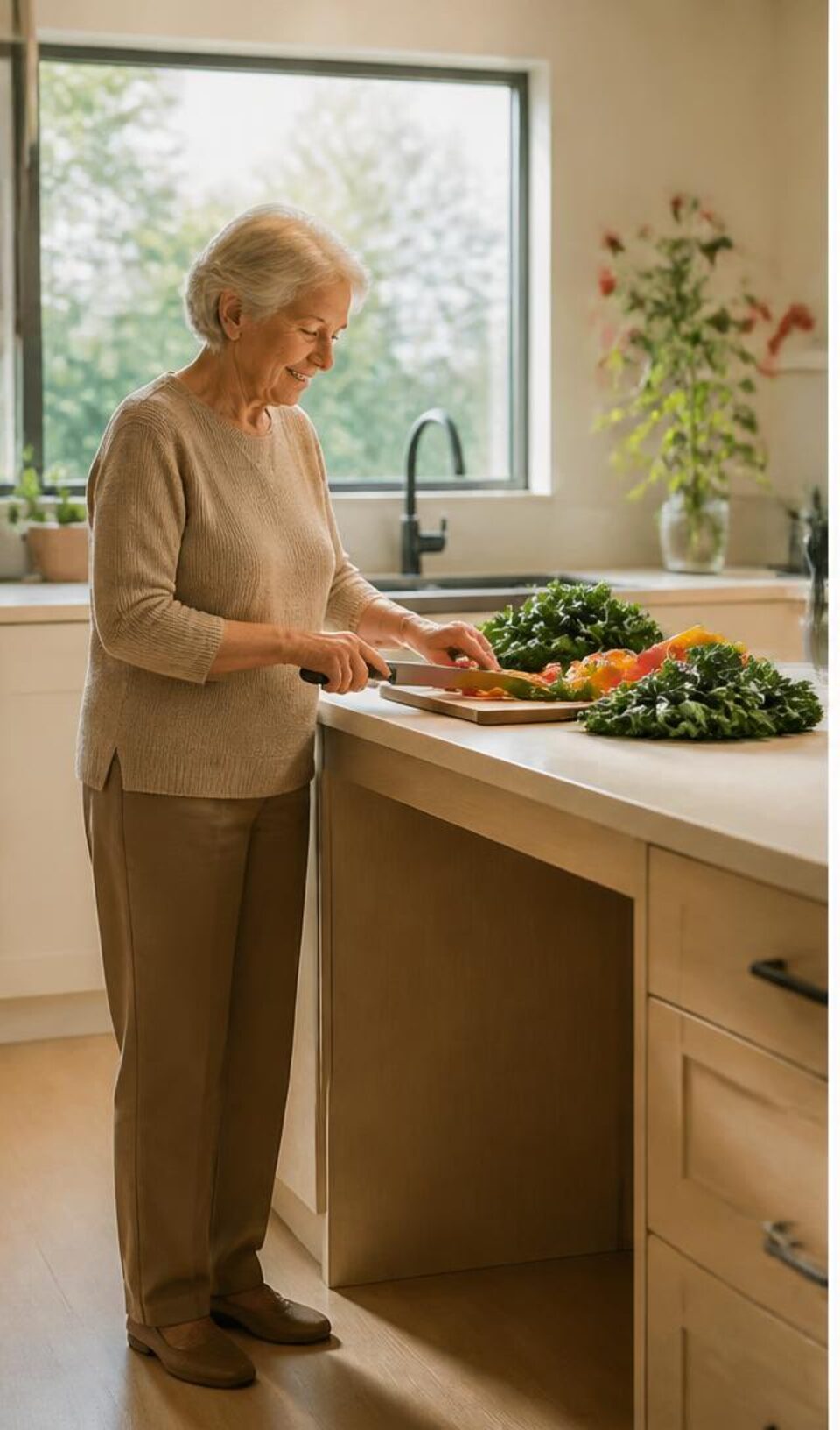 Older woman preparing vegetables at an easy-to-use kitchen work surface