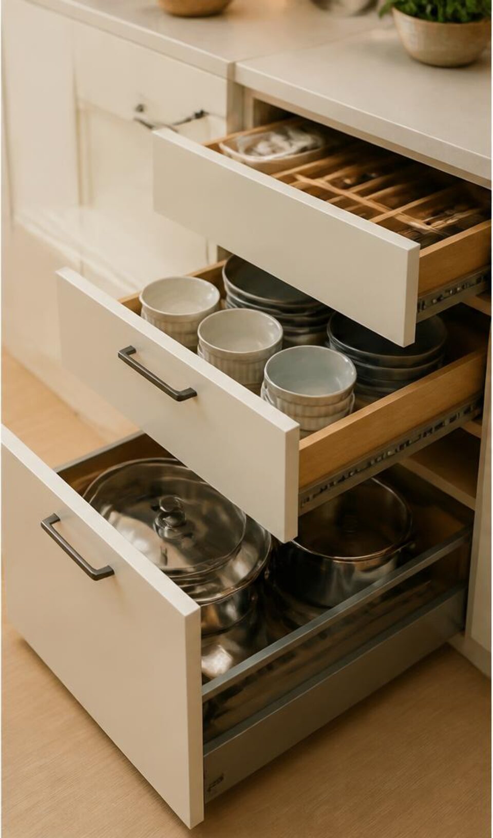 Pull-out kitchen drawers with dishes and cookware in view