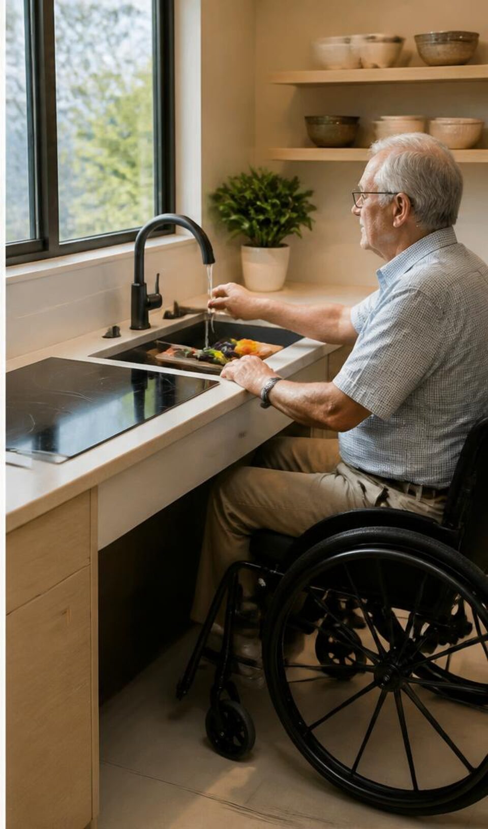 Wheelchair user working comfortably at an accessible kitchen sink