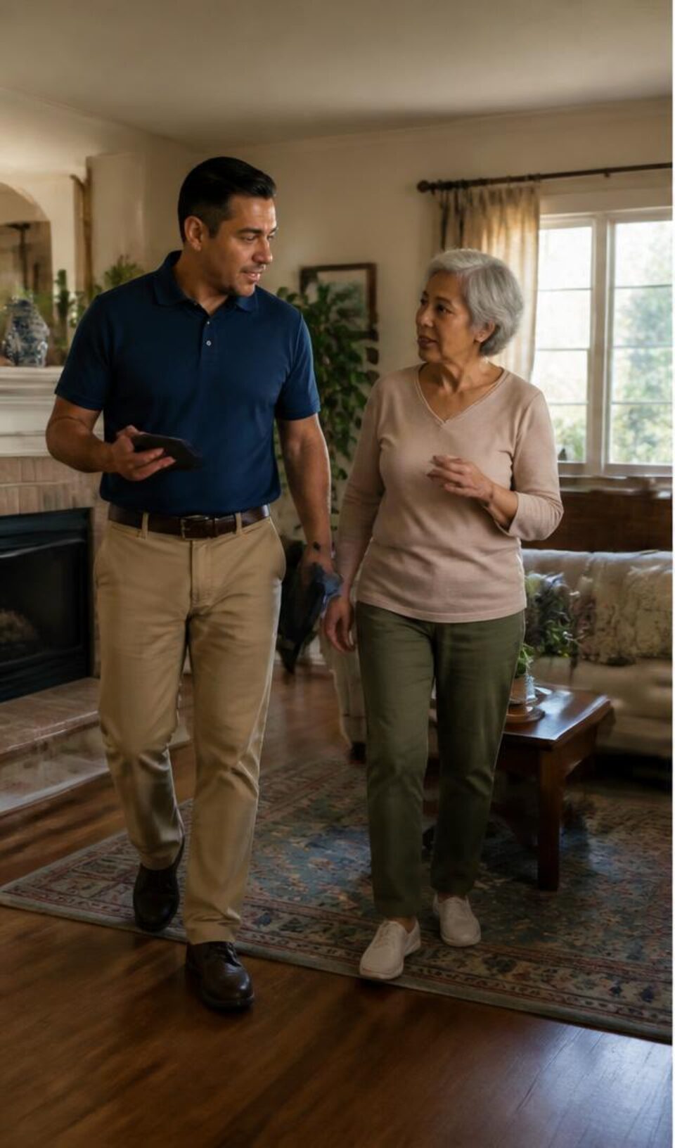 Home safety specialist walking through a living room with an older homeowner