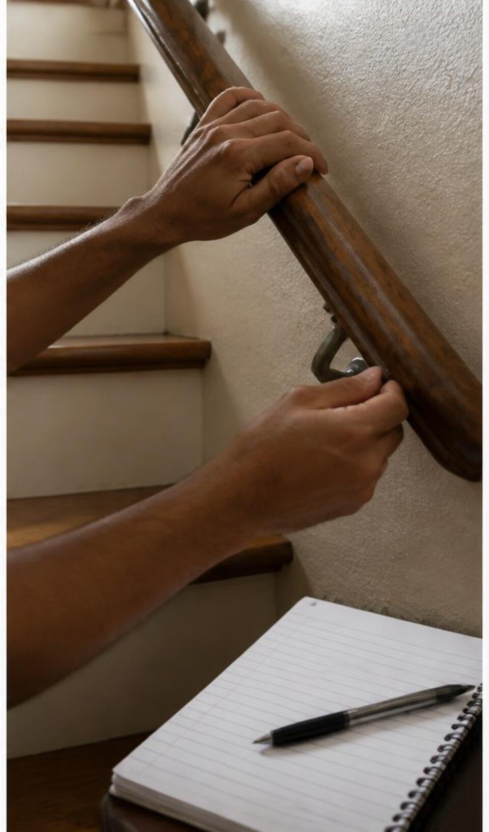 Hands checking the stability of a stair handrail