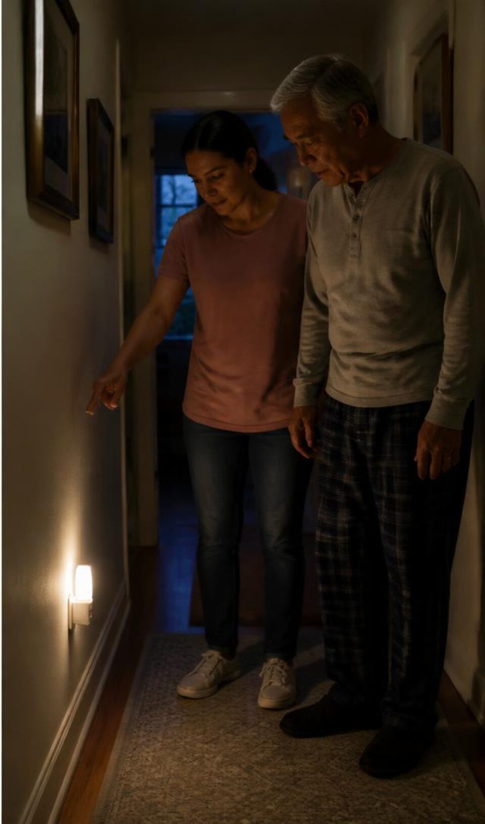 Family member and older adult evaluating nighttime hallway lighting