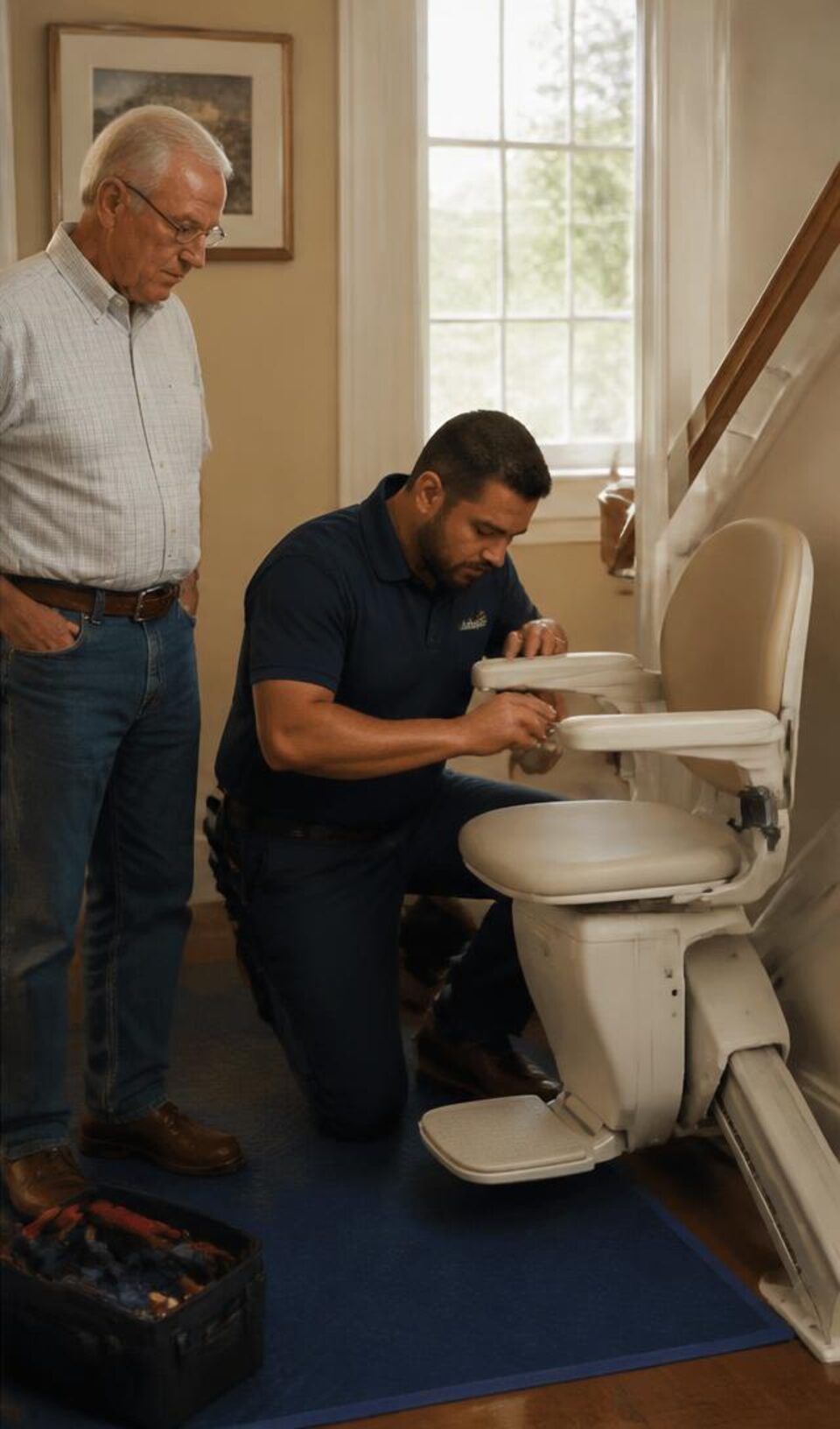 Technician servicing a stairlift with the homeowner nearby