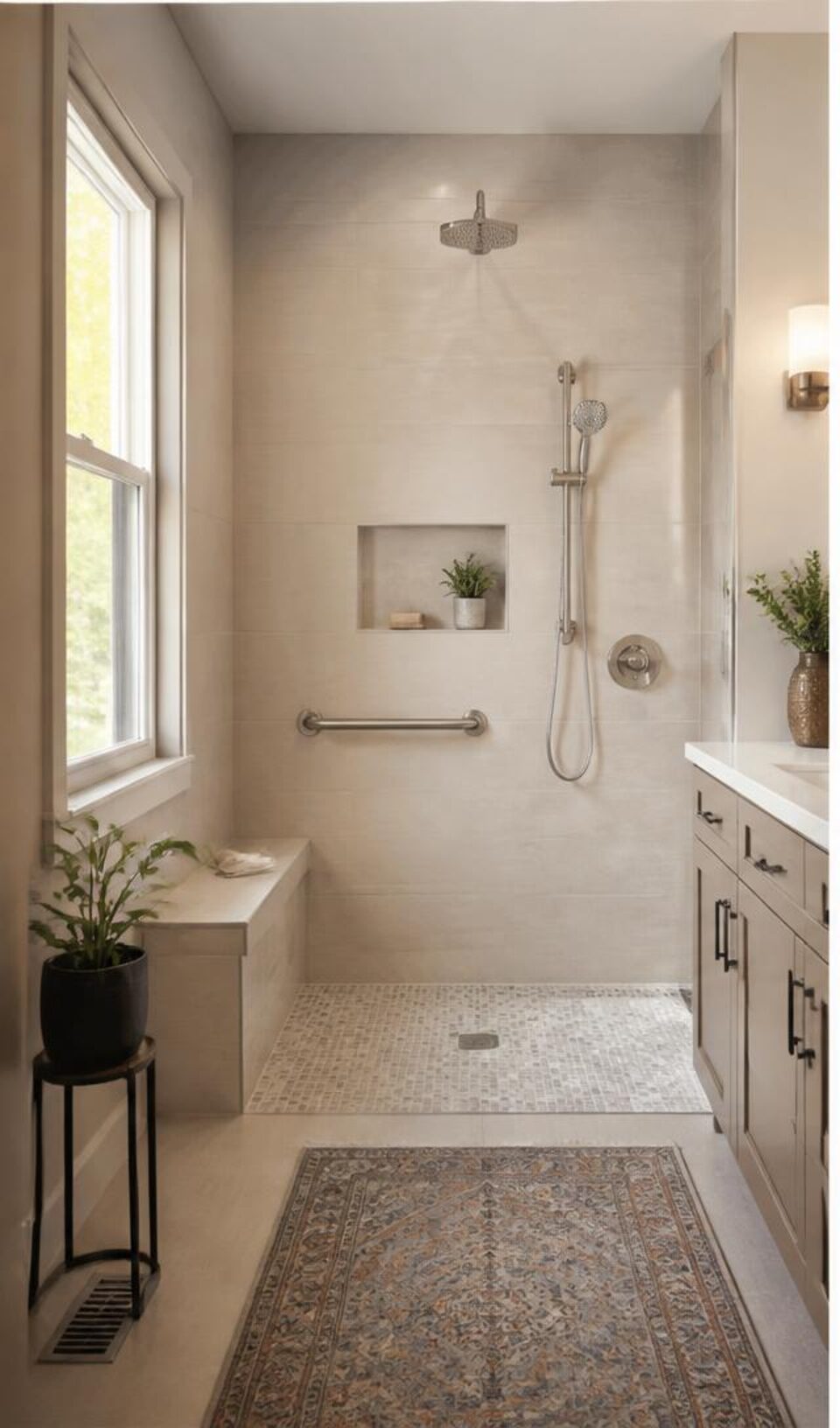 Warm residential bathroom with a finished curbless shower