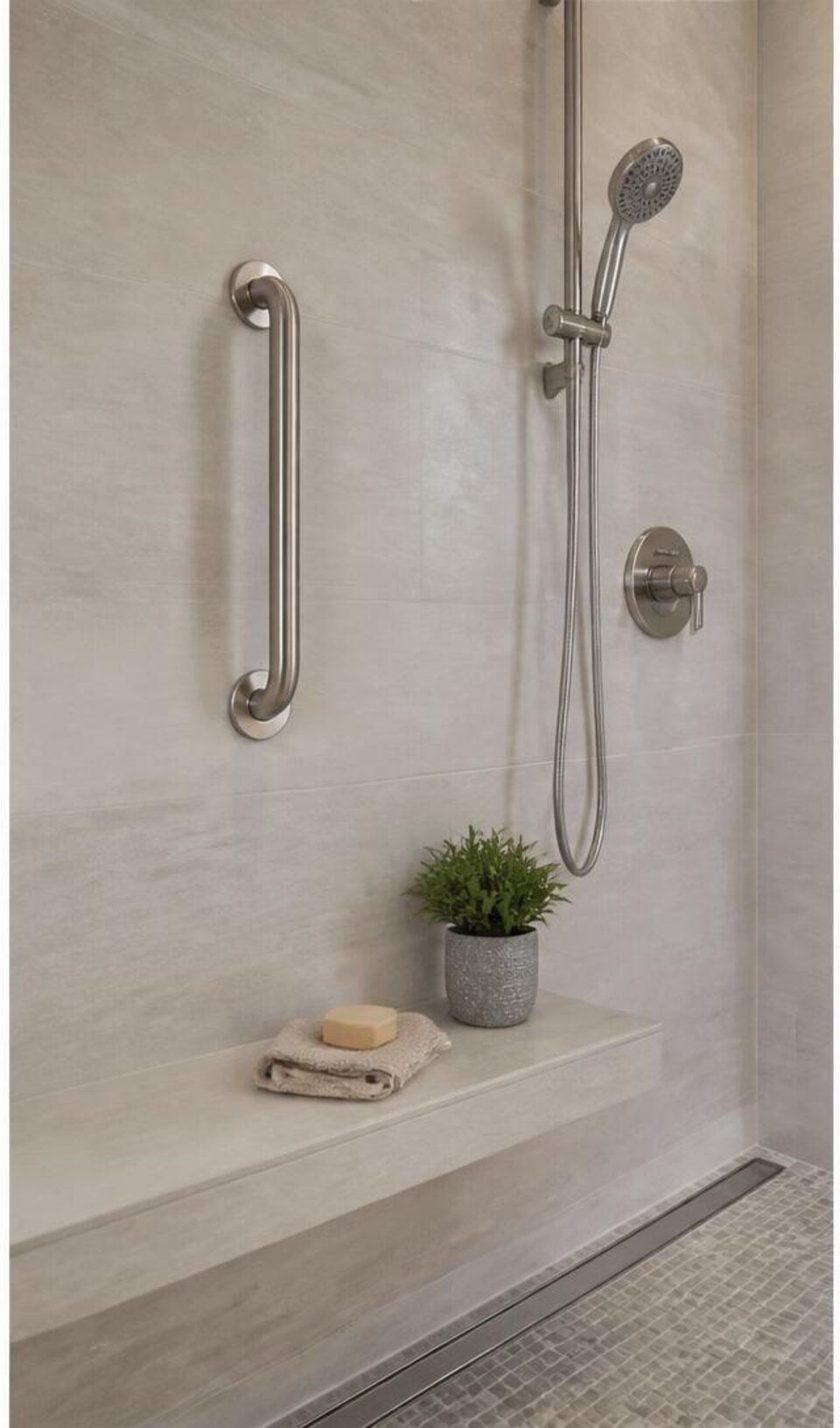 Secure grab bar, handheld shower, and built-in bench