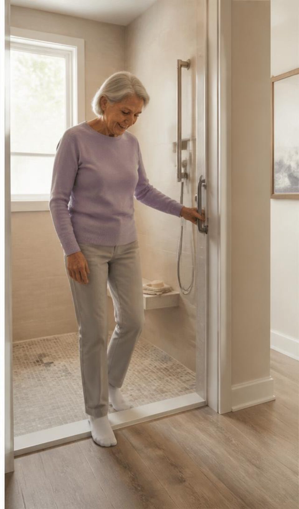 Older woman testing the entrance to a low-threshold shower