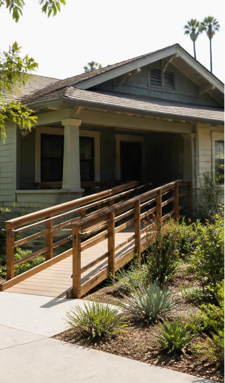 Landscaped wood wheelchair ramp integrated with a Los Angeles bungalow